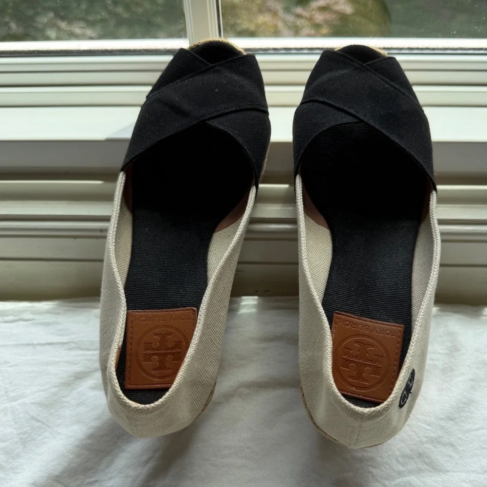 Tory Burch Women's Filipa Espadrille Wedge Canvas Peep Toe Black Cream Size 9